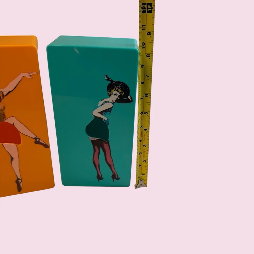 Retro Pin Up Girl Flying Skirt Tissue Box Dispenser Wall Mount Set Orange Teal